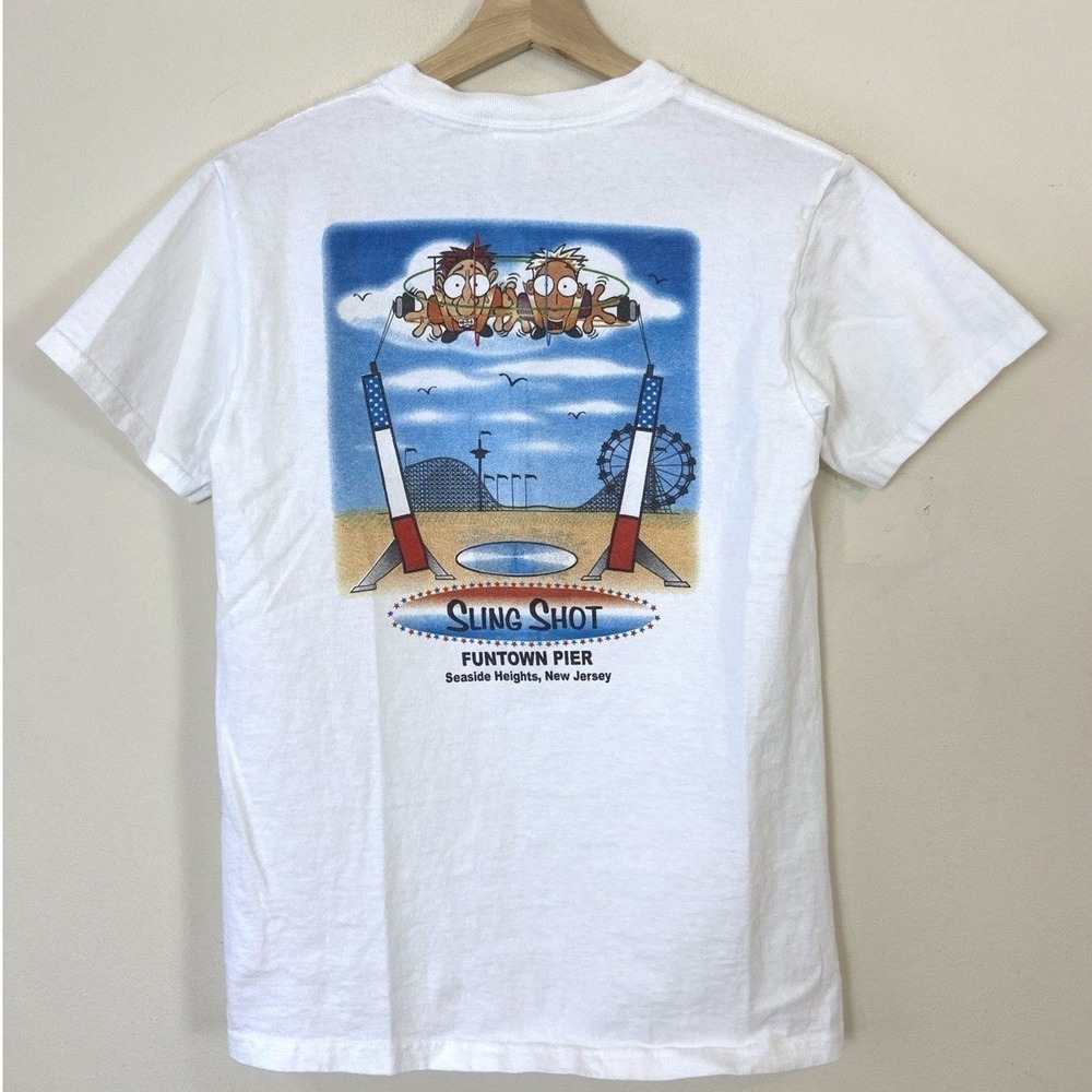 Vintage‎ y2k Ride Sling Shot Funtown Pier Amusement Park Tee Shirt White